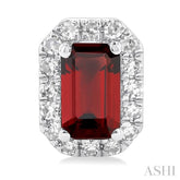 5x3 MM Octagonal Shape Garnet and 1/8 Ctw Single Cut Diamond Halo Semi-Precious Stud Earrings in 14K White Gold